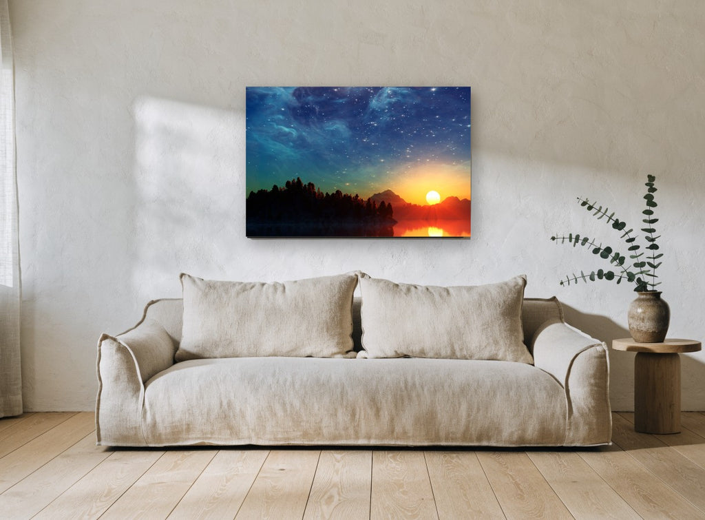 Starlit Sunset Lake landscape canvas print on the wall of a living room