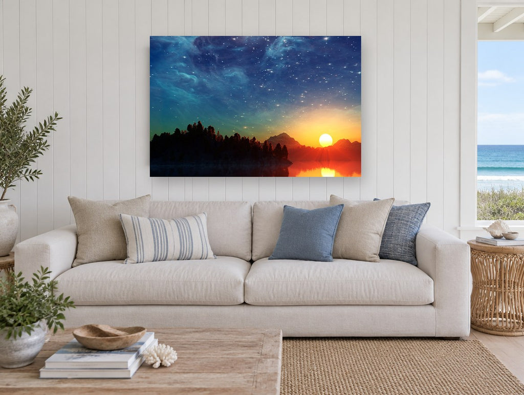 Starlit Sunset Lake landscape canvas print on the wall of a beach house living room