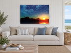 Starlit Sunset Lake landscape canvas print on the wall of a beach house living room