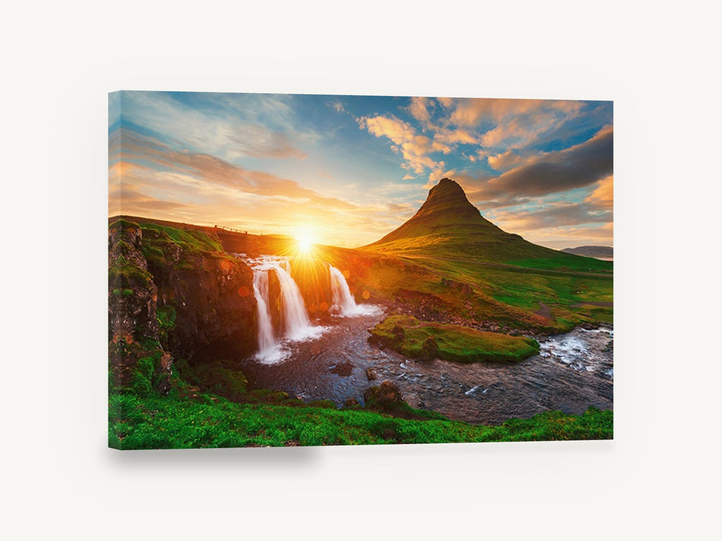 Sunburst Over Waterfall, sunrise waterfall mountain landscape photograph, landscape canvas wall art print ready to hang