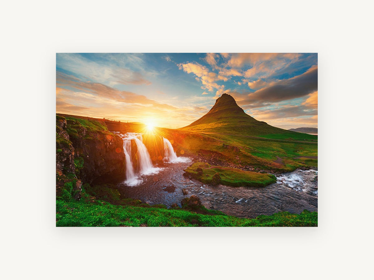Sunburst Over Waterfall, sunrise waterfall mountain landscape photograph, landscape canvas wall art print, front view