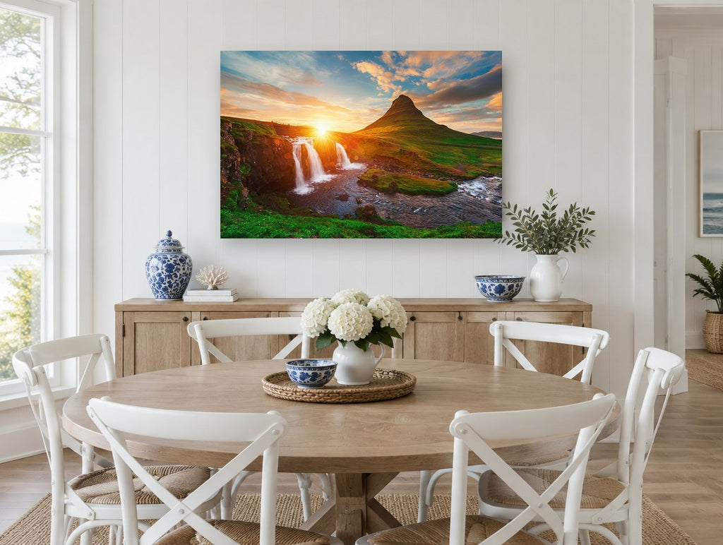 Sunburst Over Waterfall landscape canvas print on the wall of a Hamptons dining room