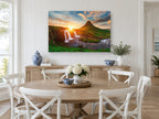 Sunburst Over Waterfall landscape canvas print on the wall of a Hamptons dining room
