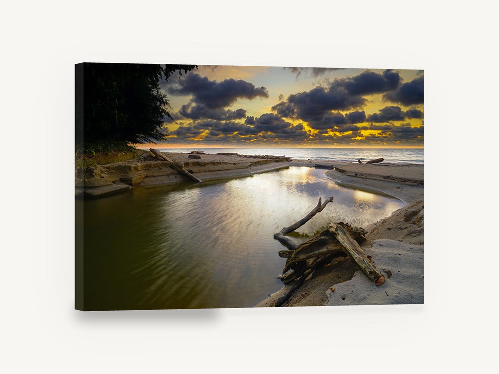 Driftwood Creek Dusk, driftwood creek sunset beach photograph, coastal canvas wall art print ready to hang