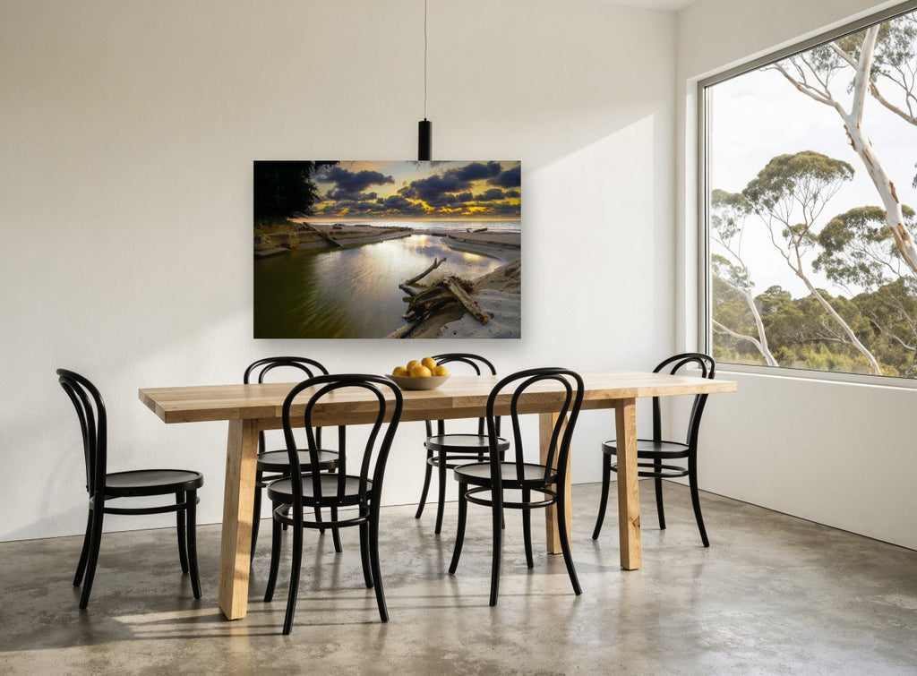 Driftwood Creek Dusk coastal canvas print on the wall of a dining room