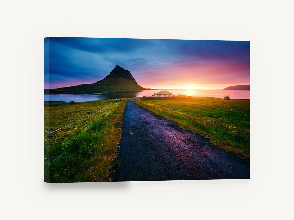 Kirkjufell Dusk Road, kirkjufell sunset coastal road photograph, coastal canvas wall art print ready to hang