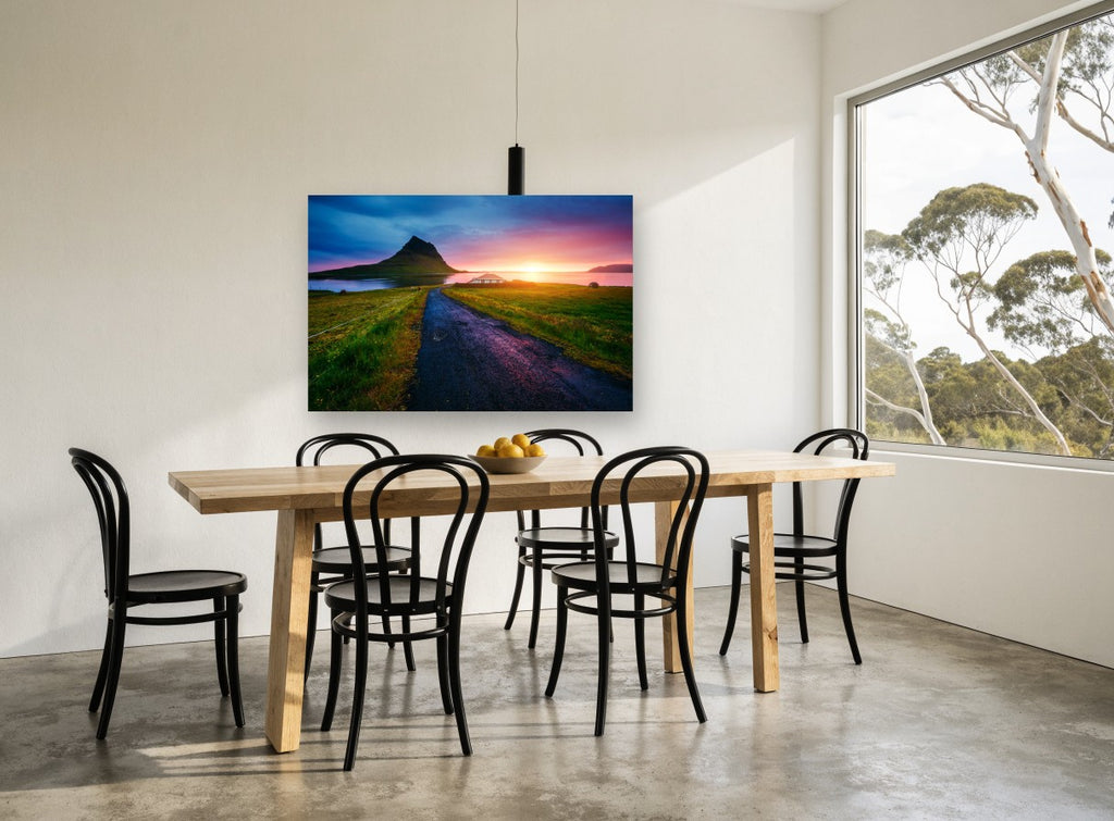 Kirkjufell Dusk Road coastal canvas print on the wall of a dining room