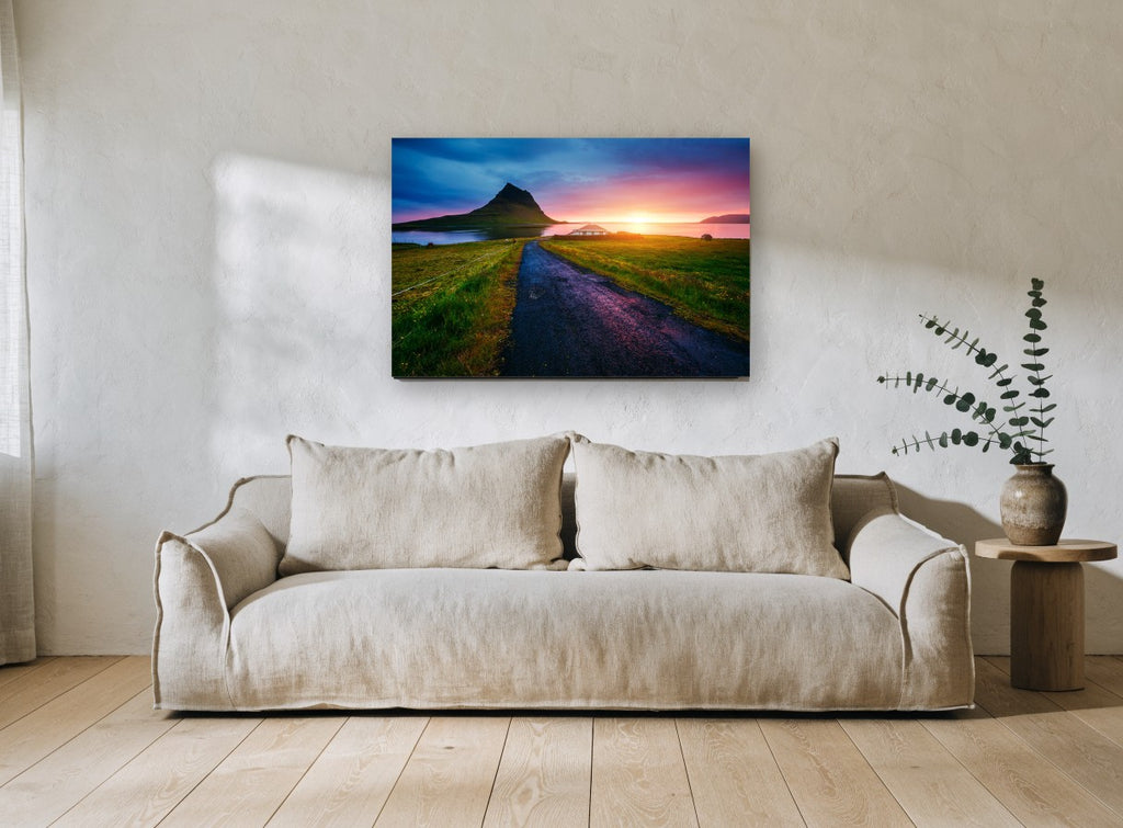 Kirkjufell Dusk Road coastal canvas print on the wall of a living room
