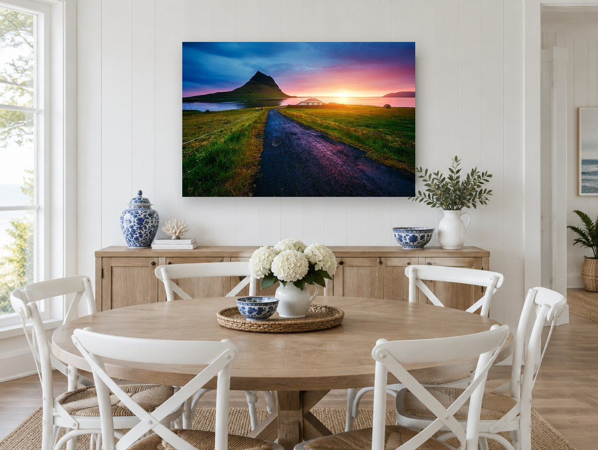 Kirkjufell Dusk Road coastal canvas print on the wall of a Hamptons dining room