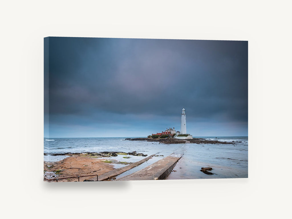 Causeway to the Lighthouse, st mary's lighthouse causeway photograph, coastal canvas wall art print ready to hang
