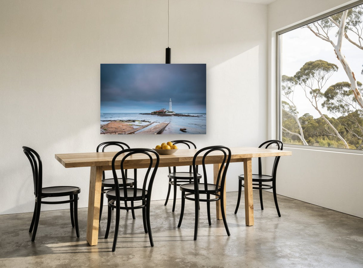 Causeway to the Lighthouse coastal canvas print on the wall of a dining room