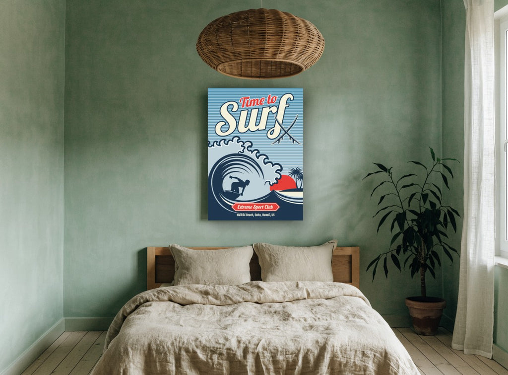 Time to Surf Waikiki vintage canvas print on the wall of a bedroom