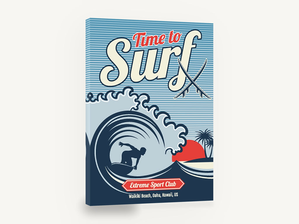 Time to Surf Waikiki, retro hawaii surf club poster, stretched canvas wall art print ready to hang
