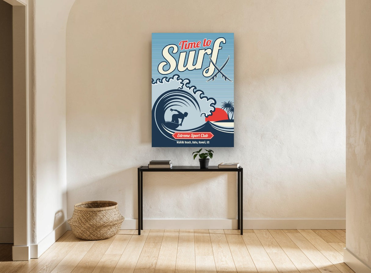 Time to Surf Waikiki vintage canvas print on the wall of a hallway