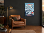 Time to Surf Waikiki vintage canvas print on the wall of a charcoal living room