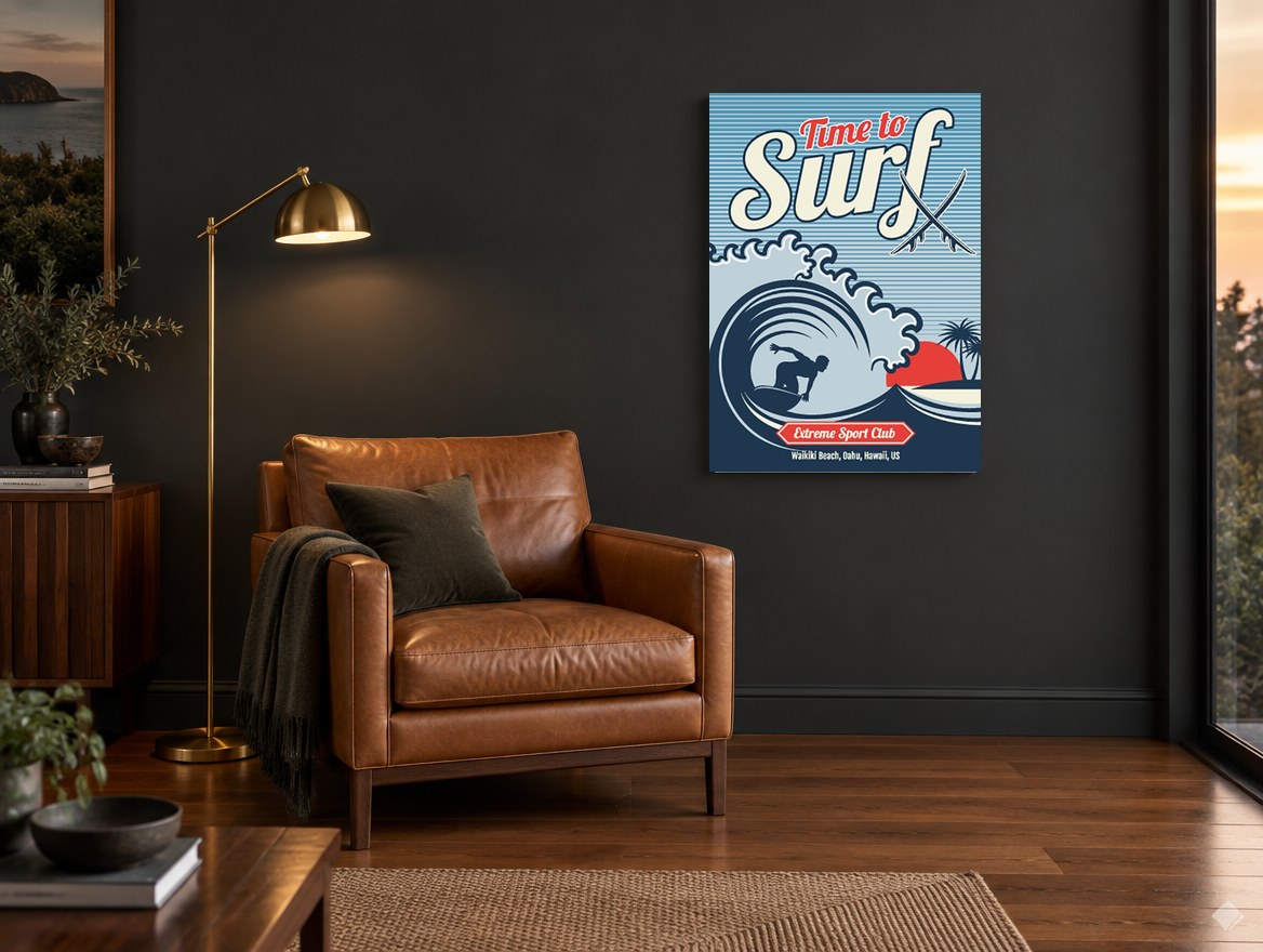 Time to Surf Waikiki vintage canvas print on the wall of a charcoal living room