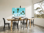 Palms Against Turquoise coastal canvas print on the wall of a dining room