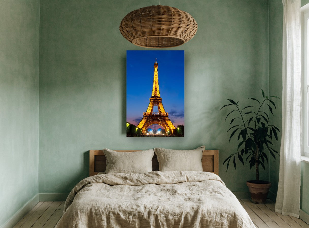 Eiffel Tower Aglow city canvas print on the wall of a bedroom