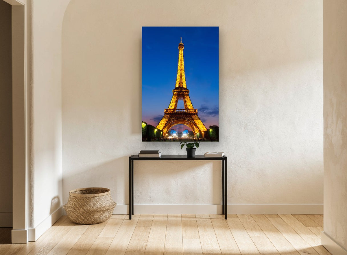 Eiffel Tower Aglow city canvas print on the wall of a hallway