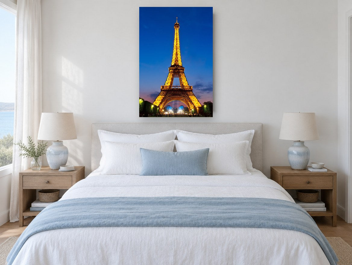 Eiffel Tower Aglow city canvas print on the wall of a bedroom