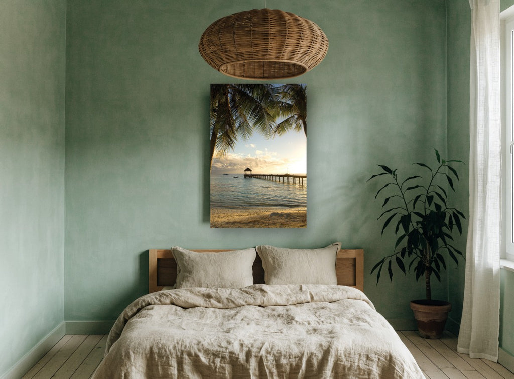 Palm Pier Sunset coastal canvas print on the wall of a bedroom