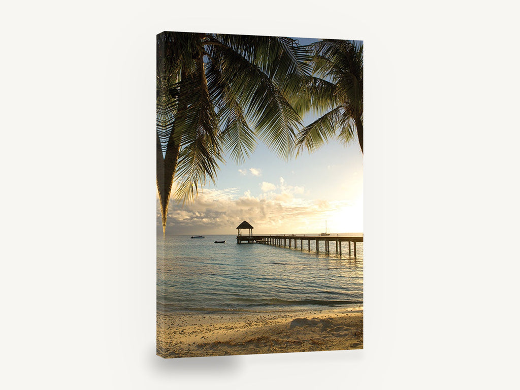 Palm Pier Sunset, tropical pier palm trees sunset photograph, coastal canvas wall art print ready to hang