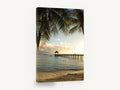 Palm Pier Sunset, tropical pier palm trees sunset photograph, coastal canvas wall art print ready to hang