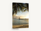 Palm Pier Sunset, tropical pier palm trees sunset photograph, coastal canvas wall art print ready to hang