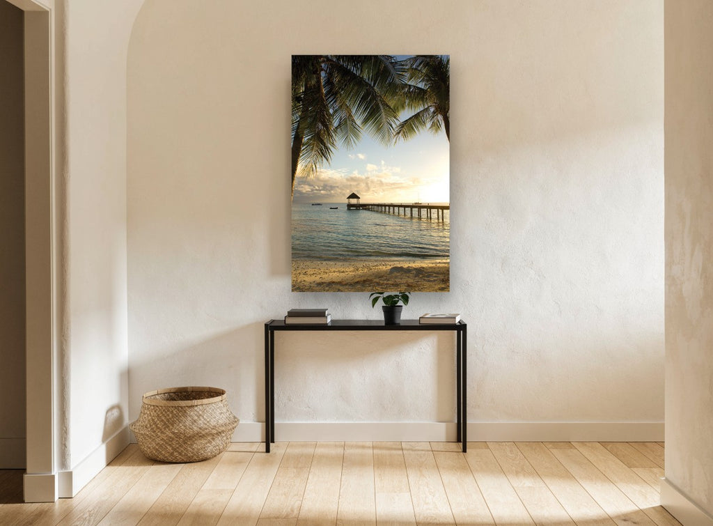 Palm Pier Sunset coastal canvas print on the wall of a hallway