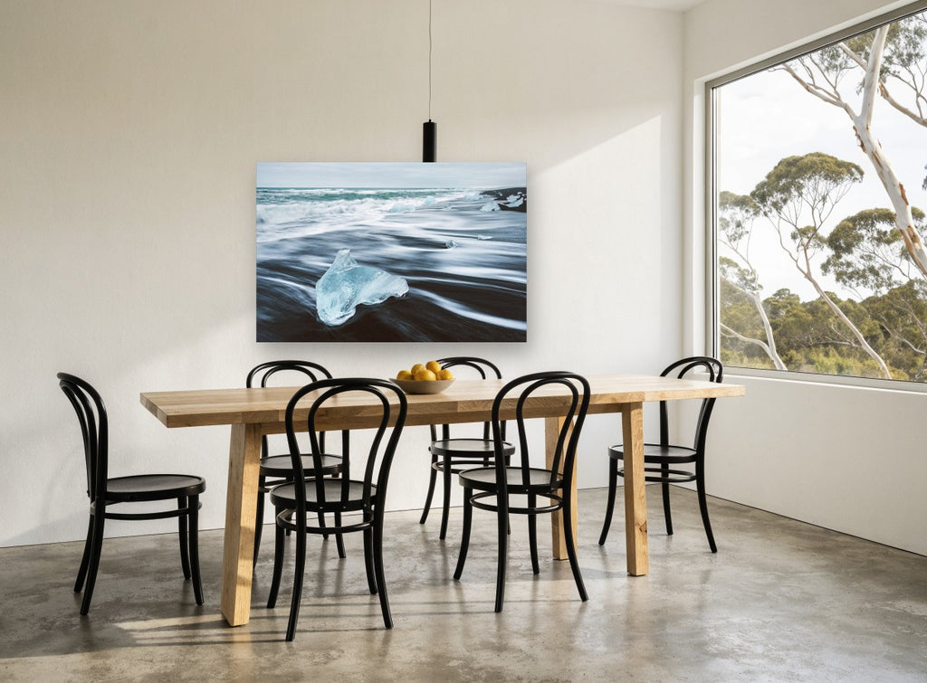 Glacial Shard Shoreline coastal canvas print on the wall of a dining room