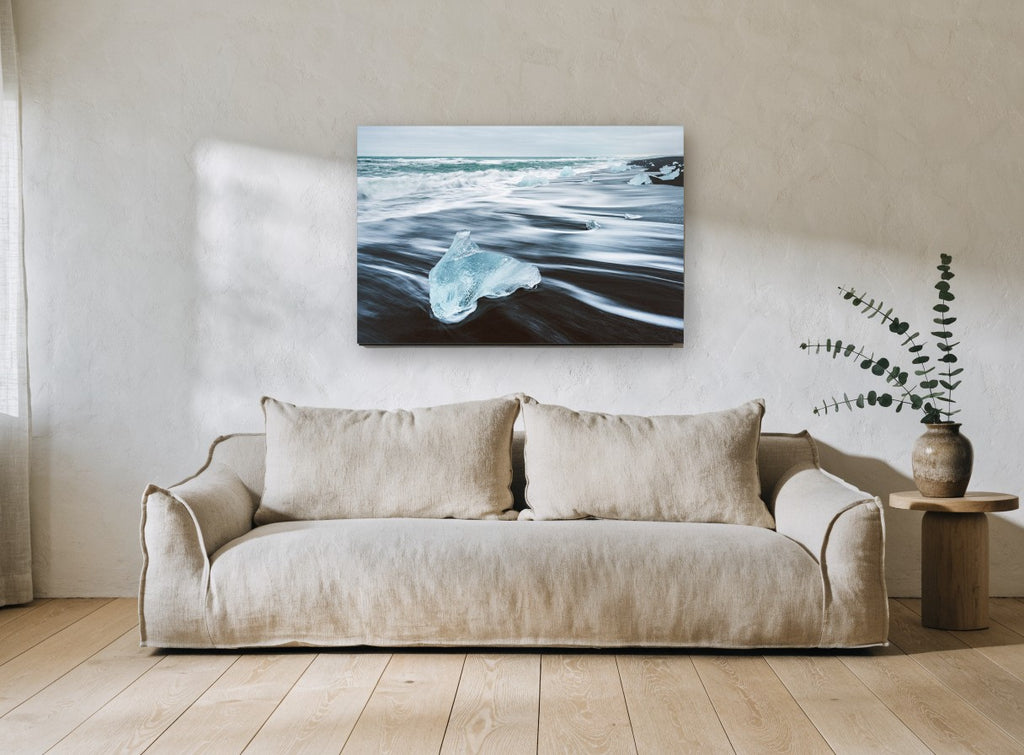Glacial Shard Shoreline coastal canvas print on the wall of a living room