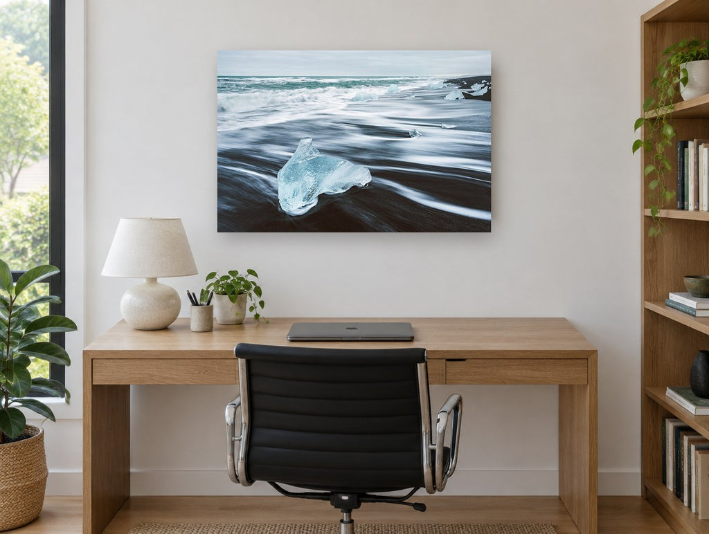 Glacial Shard Shoreline coastal canvas print on the wall of a study