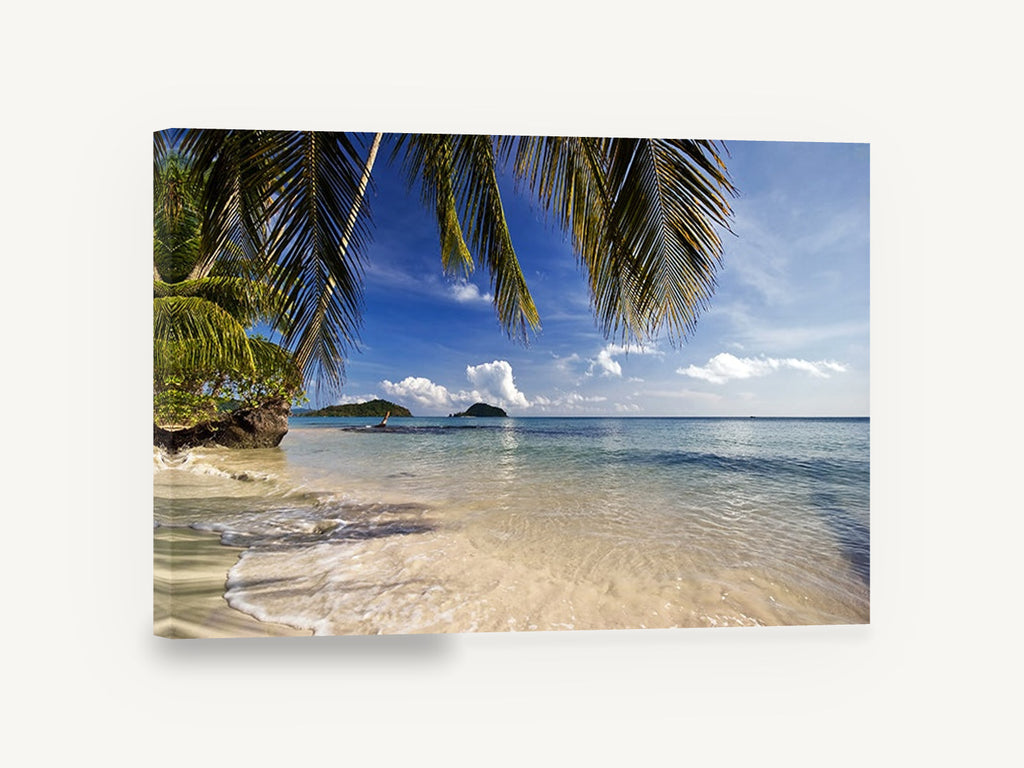 Palm Shade Shallows, tropical beach palm fronds photograph, coastal canvas wall art print ready to hang