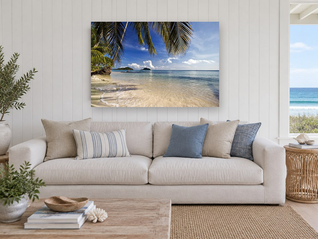 Palm Shade Shallows coastal canvas print on the wall of a beach house living room