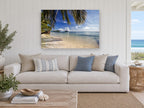 Palm Shade Shallows coastal canvas print on the wall of a beach house living room