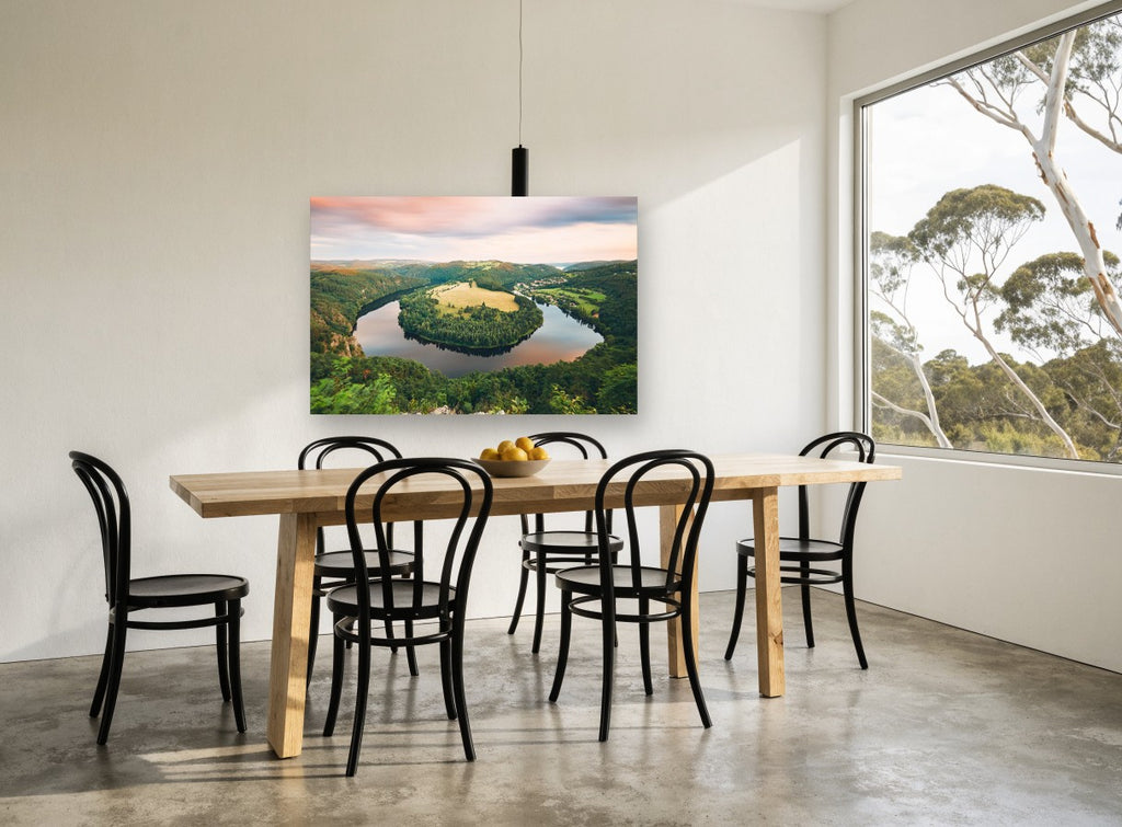 River Bend Dusk landscape canvas print on the wall of a dining room