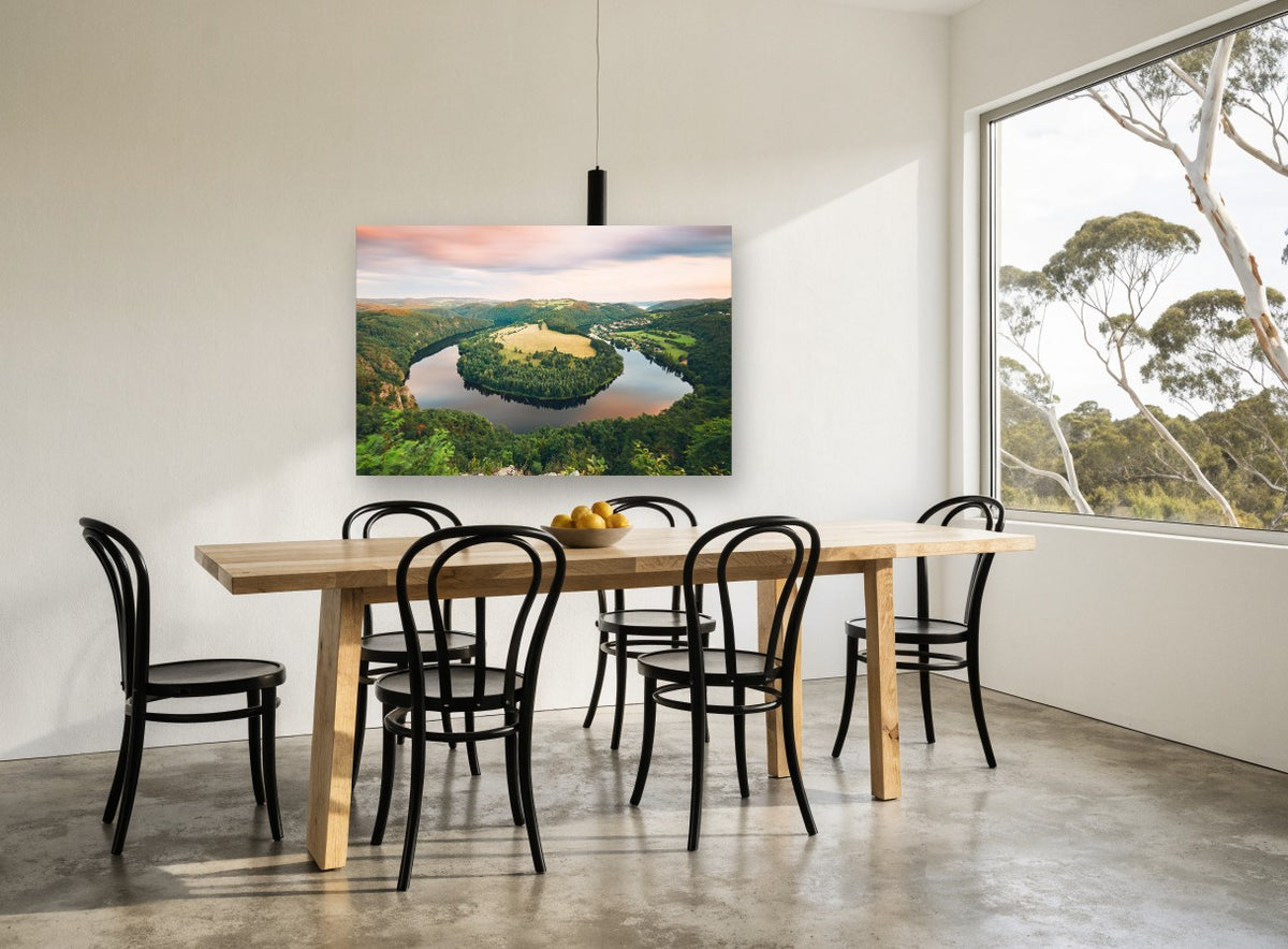 River Bend Dusk landscape canvas print on the wall of a dining room