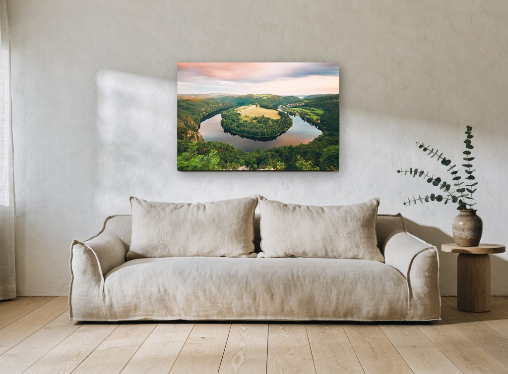 River Bend Dusk landscape canvas print on the wall of a living room