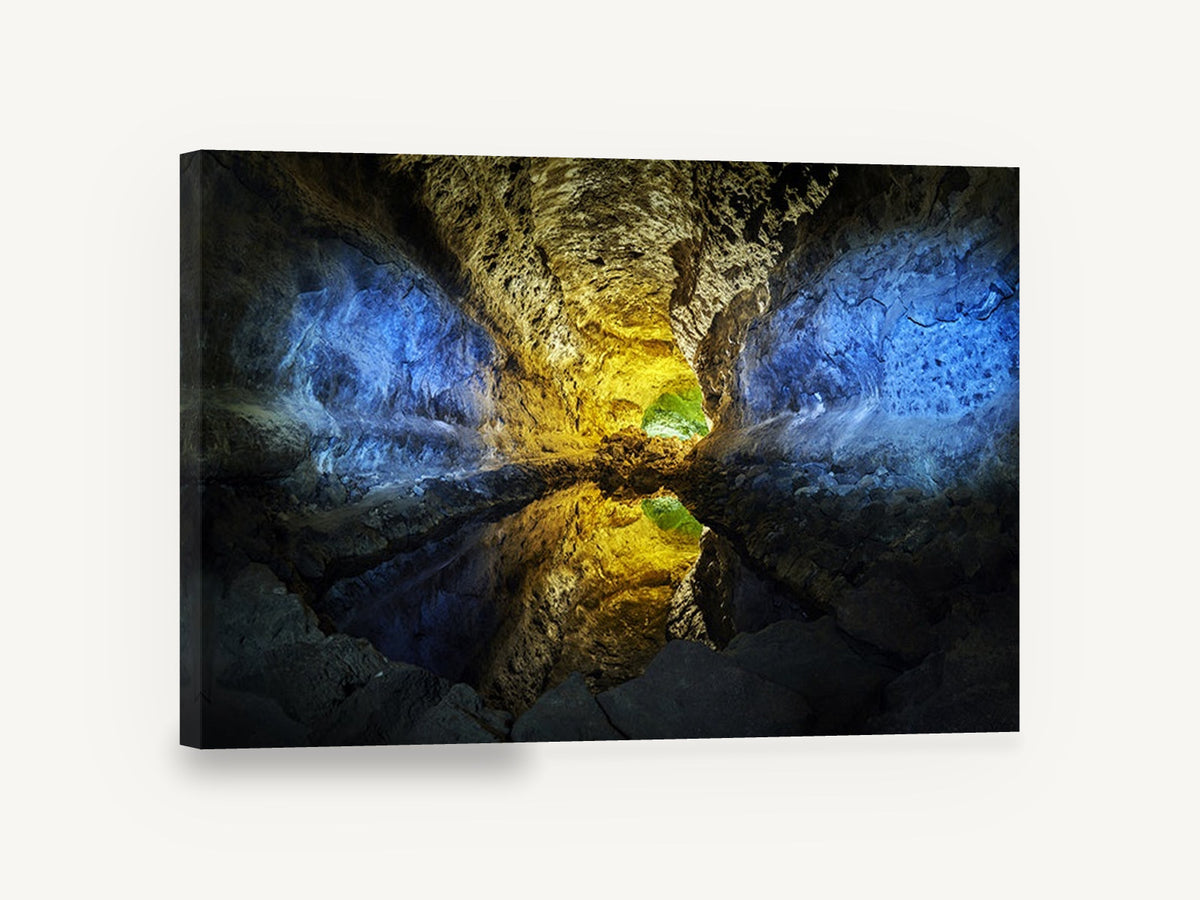 Glowing Cavern Mirror, lit cave water reflection photograph, landscape canvas wall art print ready to hang