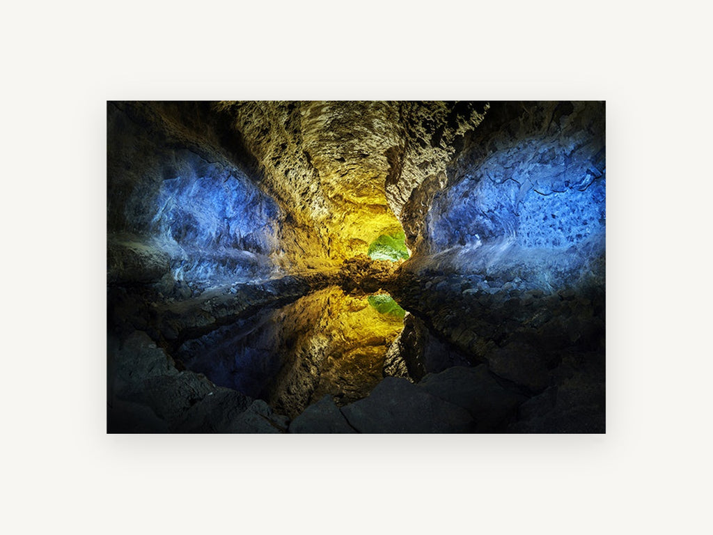 Glowing Cavern Mirror, lit cave water reflection photograph, landscape canvas wall art print, front view