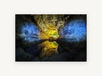Glowing Cavern Mirror, lit cave water reflection photograph, landscape canvas wall art print, front view