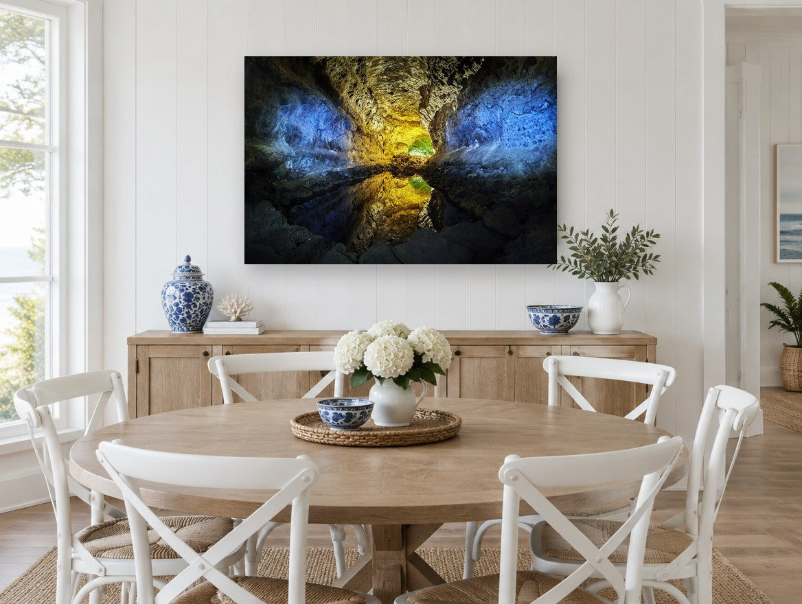 Glowing Cavern Mirror landscape canvas print on the wall of a Hamptons dining room