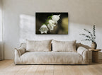 Dewy White Bellflowers floral canvas print on the wall of a living room