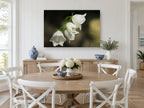 Dewy White Bellflowers floral canvas print on the wall of a Hamptons dining room