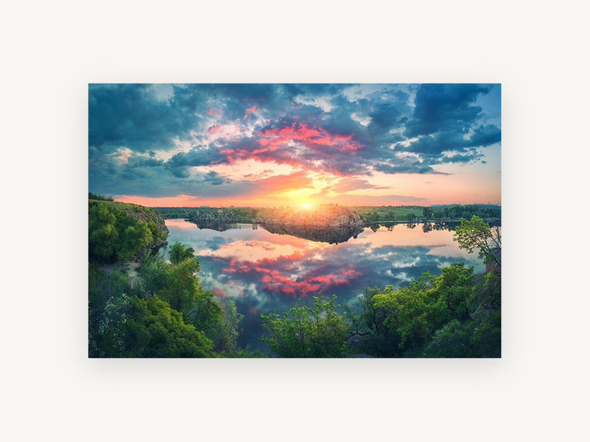 Sunset Rock Reflection, sunset river reflection landscape photograph, landscape canvas wall art print, front view