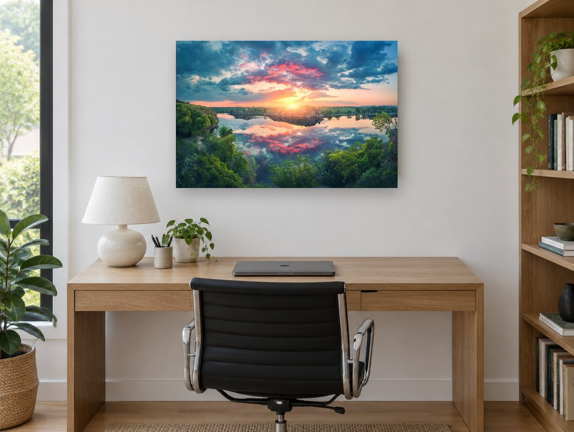 Sunset Rock Reflection landscape canvas print on the wall of a study