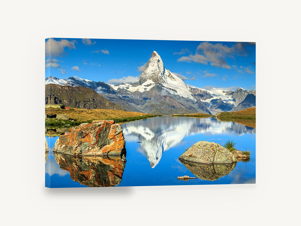 Peak in the Still Water, snowy peak alpine lake reflection photograph, landscape canvas wall art print ready to hang