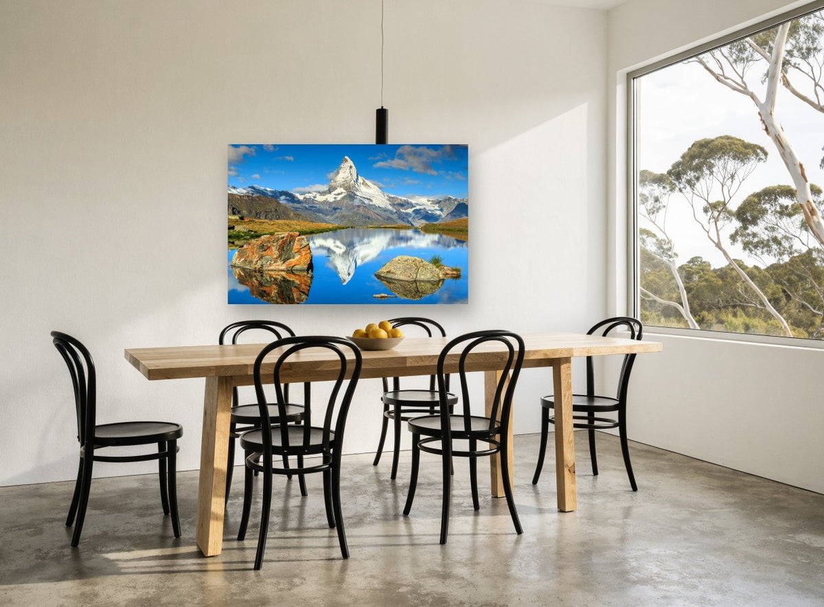Peak in the Still Water landscape canvas print on the wall of a dining room