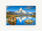 Peak in the Still Water, snowy peak alpine lake reflection photograph, landscape canvas wall art print, front view
