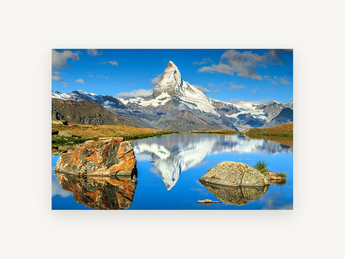 Peak in the Still Water, snowy peak alpine lake reflection photograph, landscape canvas wall art print, front view
